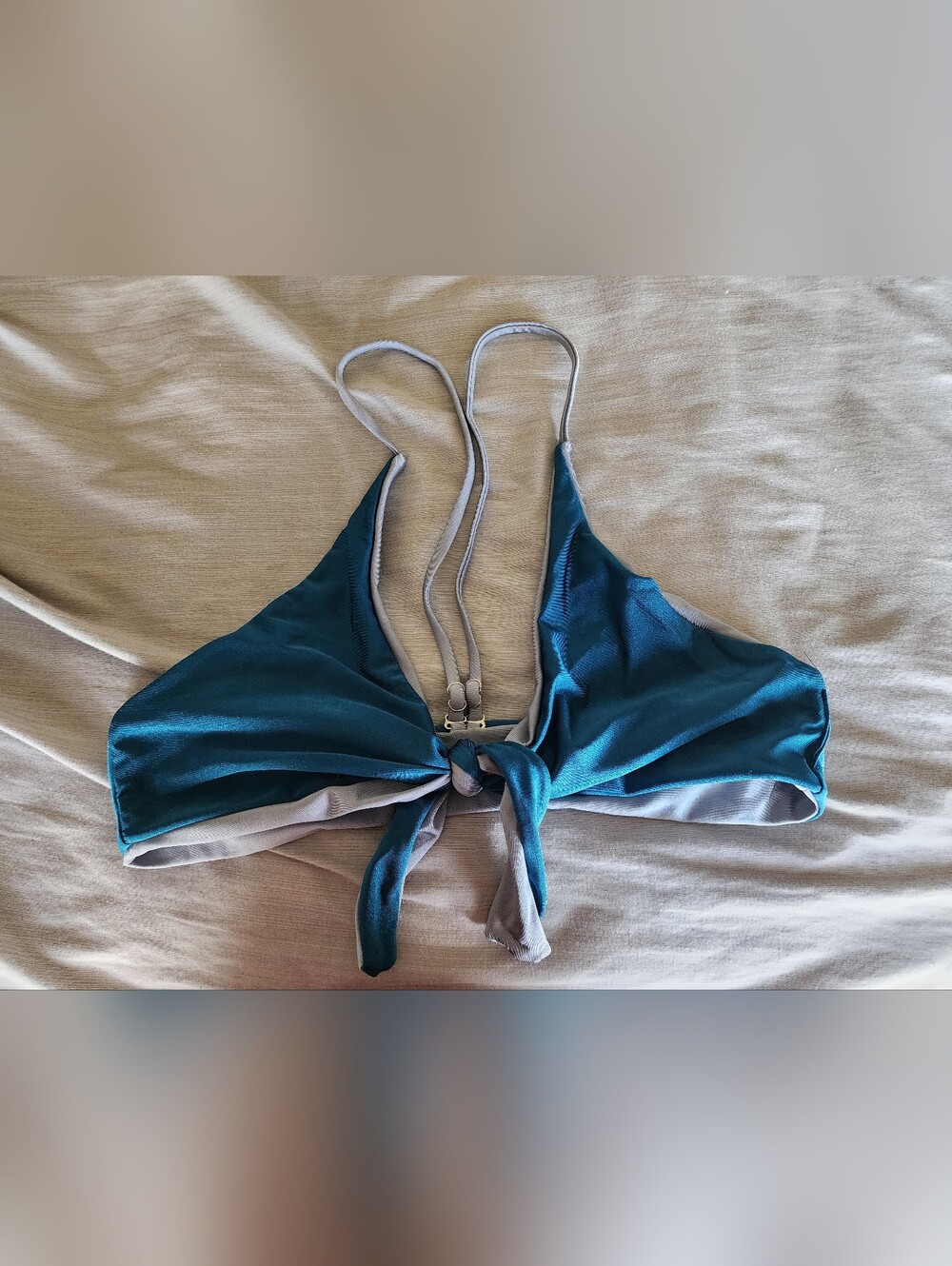 Teal and Light Gray Tie-Front Bikini Top